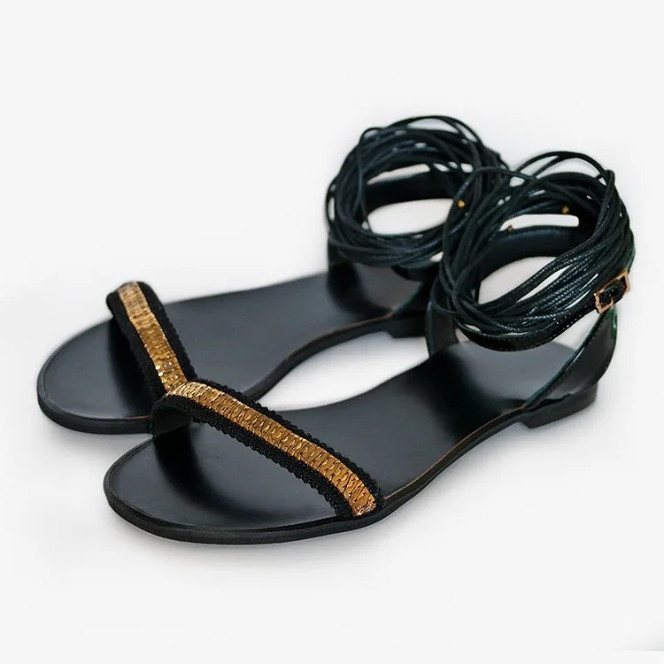 Black Strappy Sandals Knee High Flat Sandals |FSJ Shoes