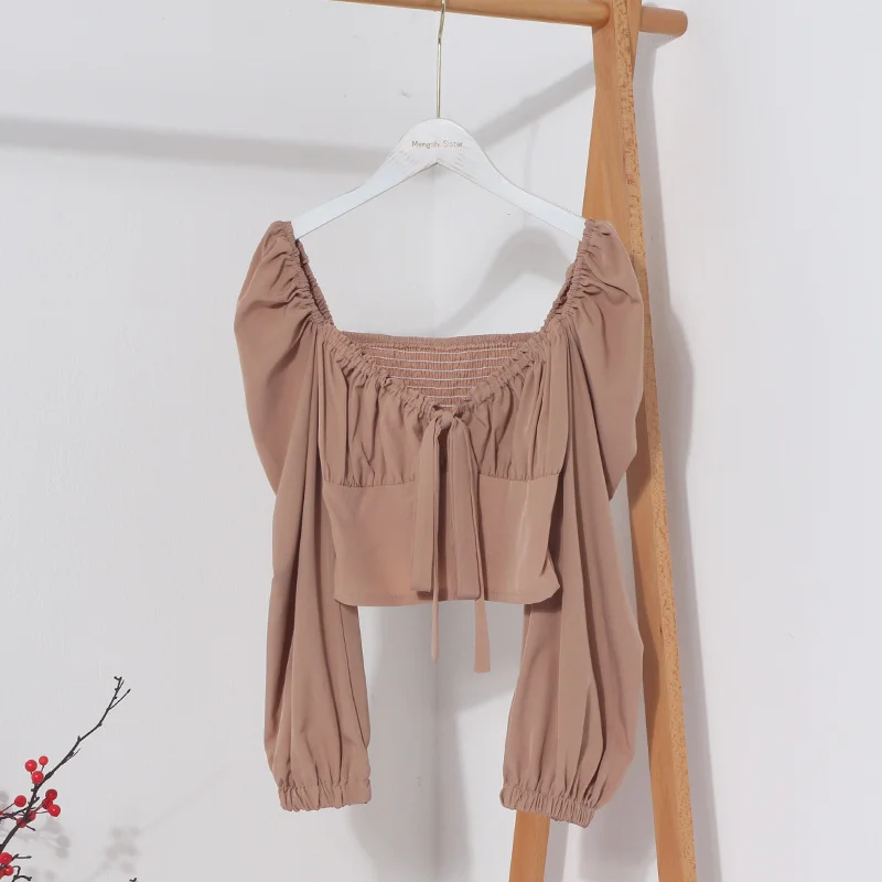 Churchf Telding Bow Collar Long Sleeve Shirt Short Umbilly Pure Lust Wind Shoulder Coat 8829