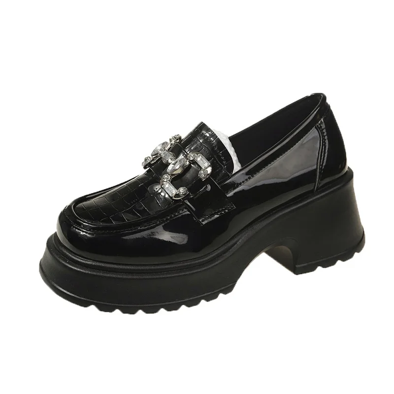Tanguoant Tanguoant Bottom Mary Jane Small Leather Shoes Female 2023 New British Wind Pine Platform Bottom Metal Rhinestone Chain Loafer Single Shoes