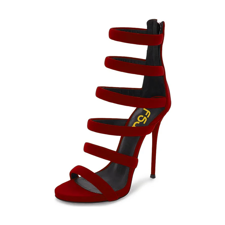 Women's Red Vegan Suede Open Toe Stiletto Heel Gladiator Sandals |FSJ Shoes