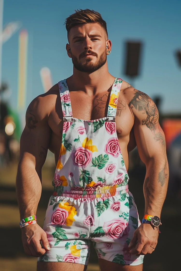 Men's Floral Rose Print Elastic Waist Shorts Overalls [Pre-Order]