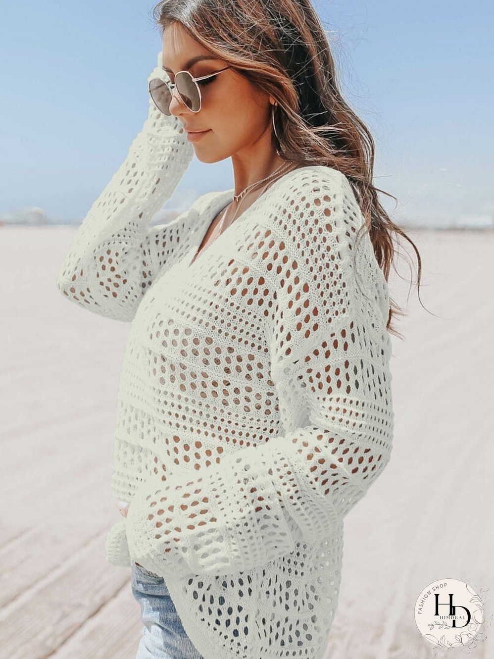 White Crochet V Neck Pullover Sweater with Hollow Out Detail