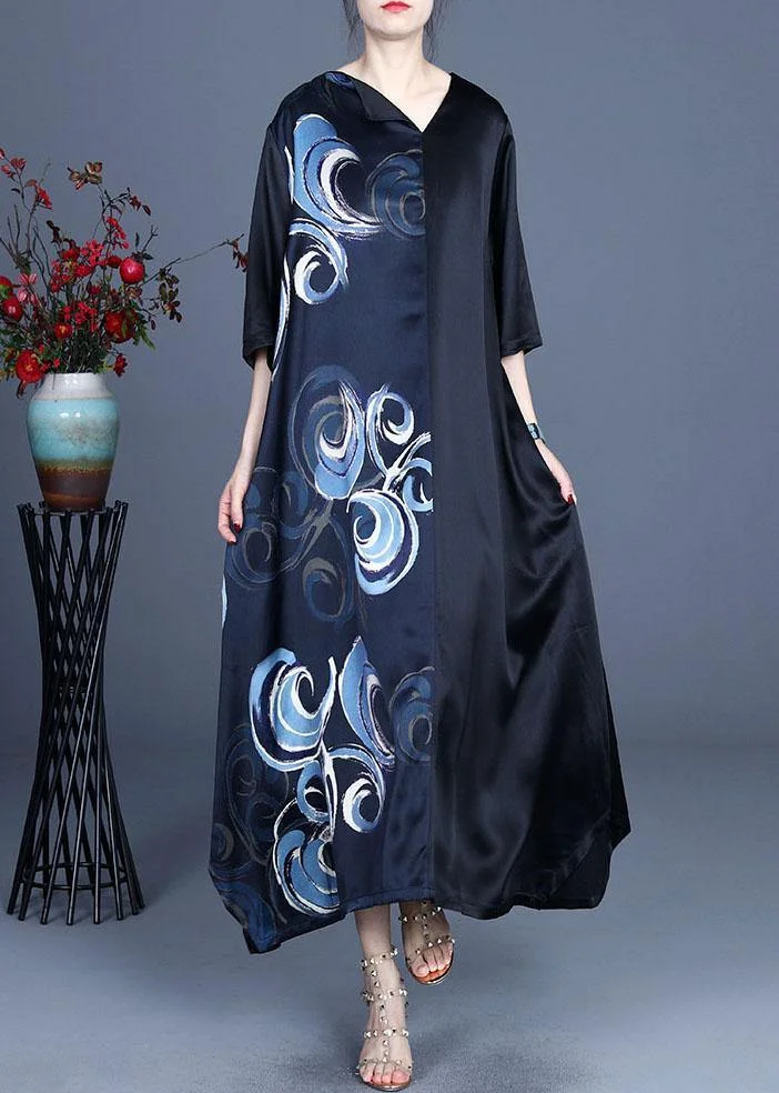 Fine Blue V Neck Asymmetrical Design Summer Silk  Ankle Dress