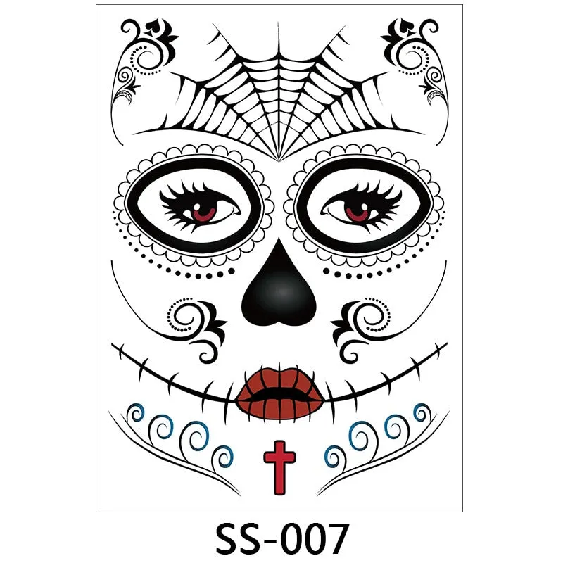 Halloween Temporary Face Tattoos, 1 Sheets Floral Day of the Dead Sugar Skull Face Tattoo Kit Halloween Tattoos