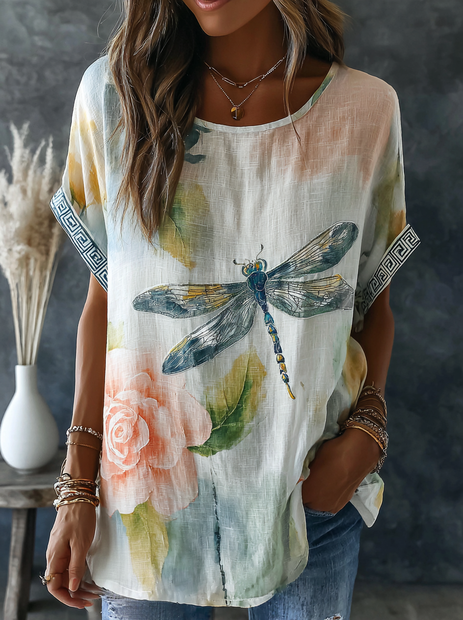 Retro Dragonfly Pattern Linen Blend Short Sleeve Tops elevenforest