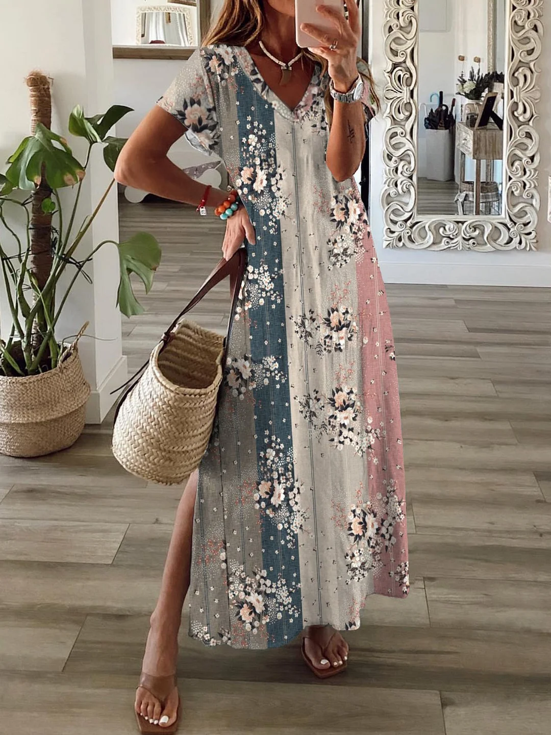 Casual Floral Short Sleeve V Neck Plus Size Printed Dress