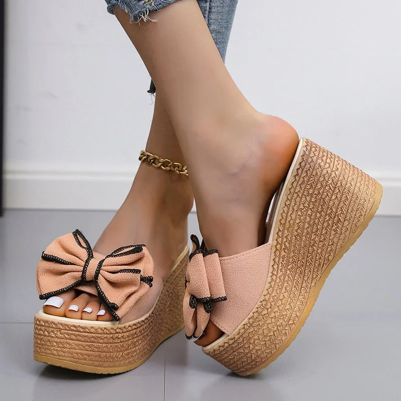 Women Slippers Fashion Pee Toe Summer Shoes Butterfly-knot High Heels Women Slides Platform Wedges Ladies Women Shoes F66