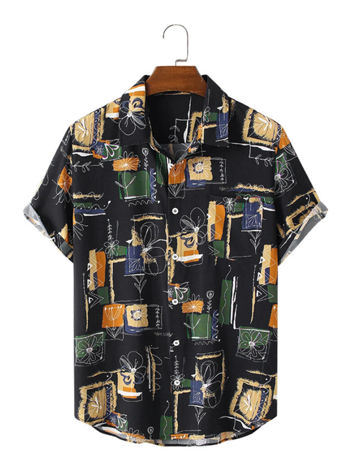 New Hawaiian Men's Printed Short-sleeved Lapel Shirt Hot Street Tide Shirt Casual Tropical Beach Shirt Black, Apricot