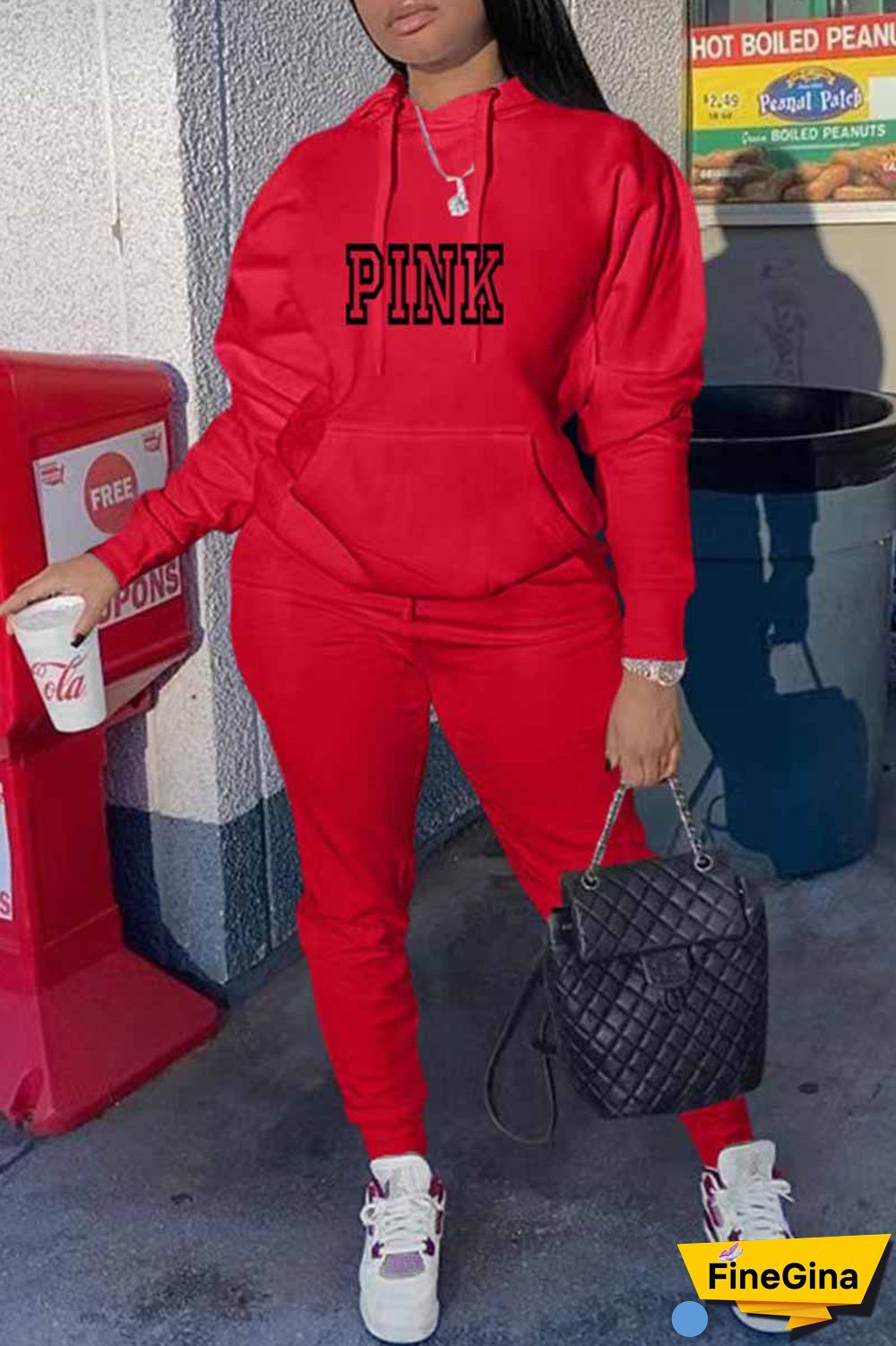 Red Casual Print Letter Hooded Collar Long Sleeve Two Pieces