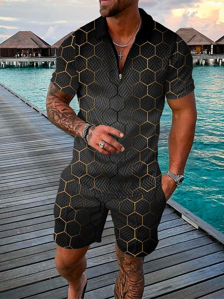 Men's Fashion Printed Zip Polo Shirt and Shorts Two-Piece Suits