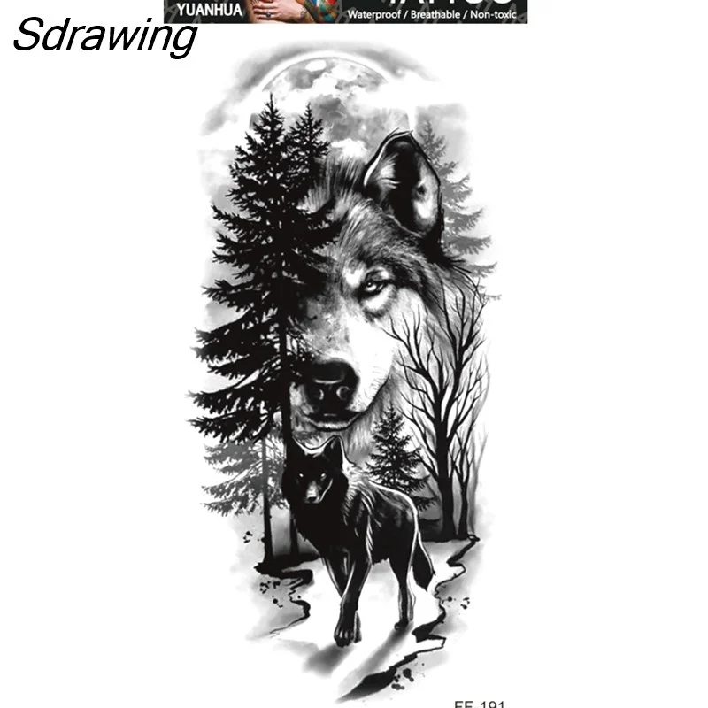 Sdrawing Forest Tattoo Sticker for Men Women Children Tiger Wolf Death Skull Temporary Tattoo Fake Henna Skeleton King Animal Tatoo