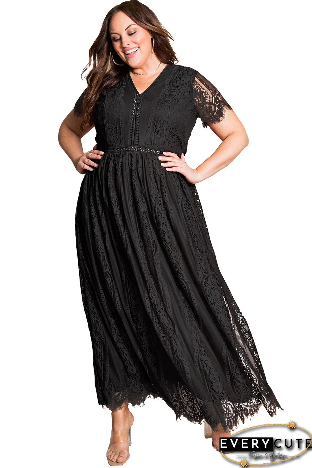 Black Eyelash Lace Short Sleeve Curvy Maxi Dress