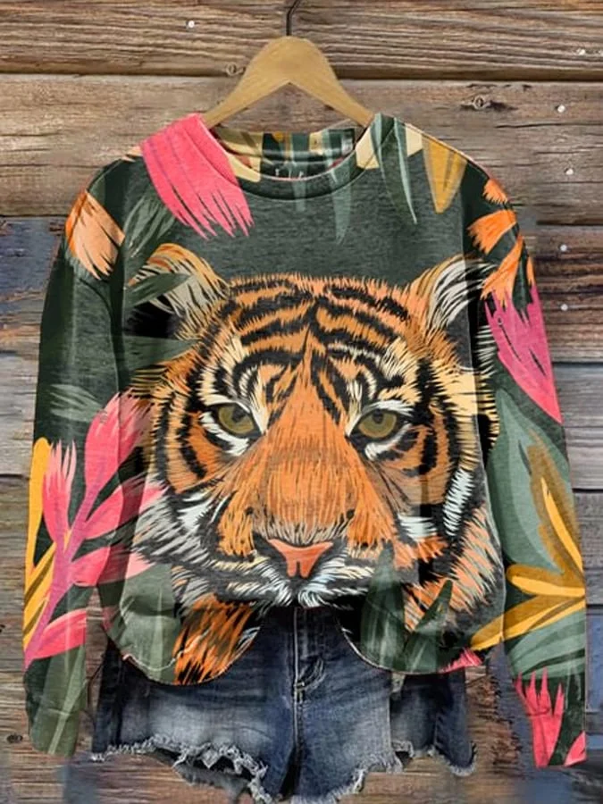 Women's Animal Floral Print Long Sleeve Crewneck Sweatshirt