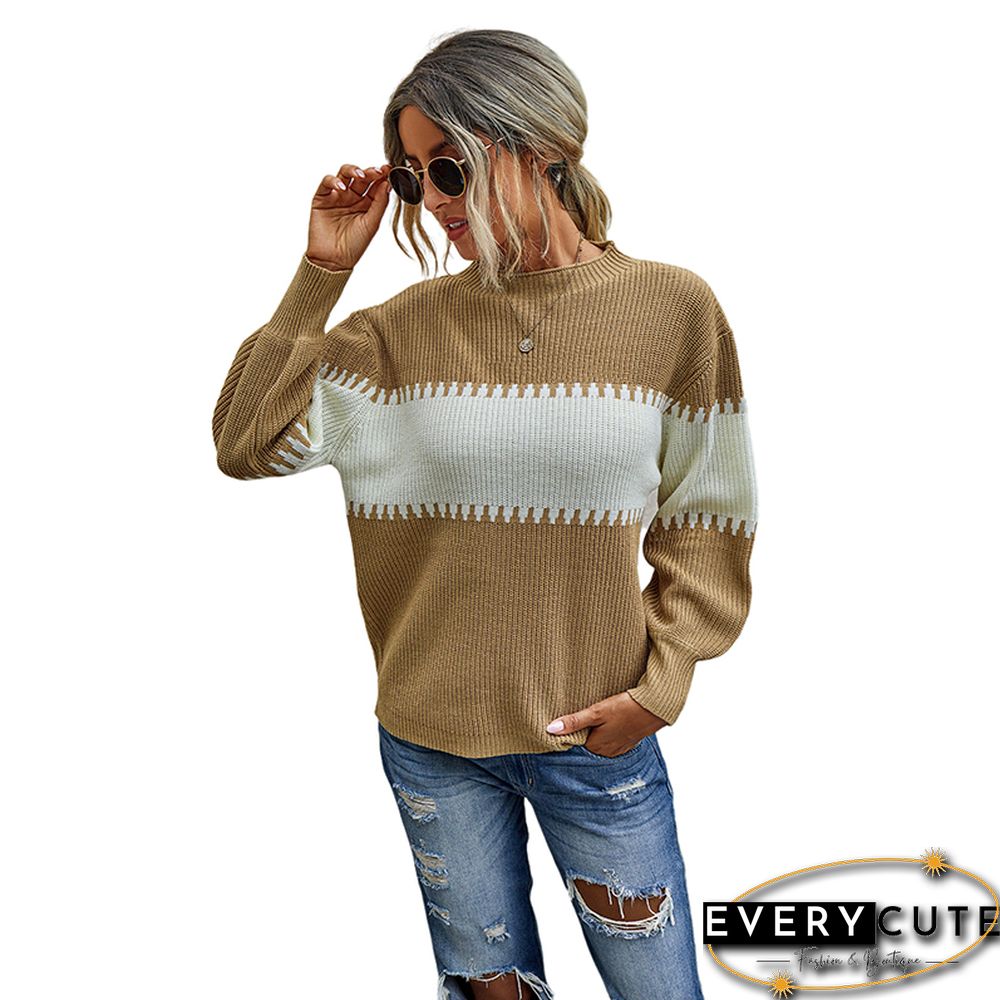 Khaki Color Block High Neck Woolen Sweater