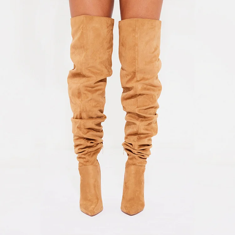 Light Brown Suede Thigh Boots Pointed Toe Stiletto Heels Zipper Shoes |FSJ Shoes