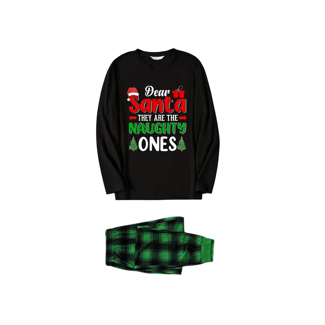 "Dear Santa They are The Naughty Ones" Slogan Printed Black and Green Plaid Family Matching Pajamas
