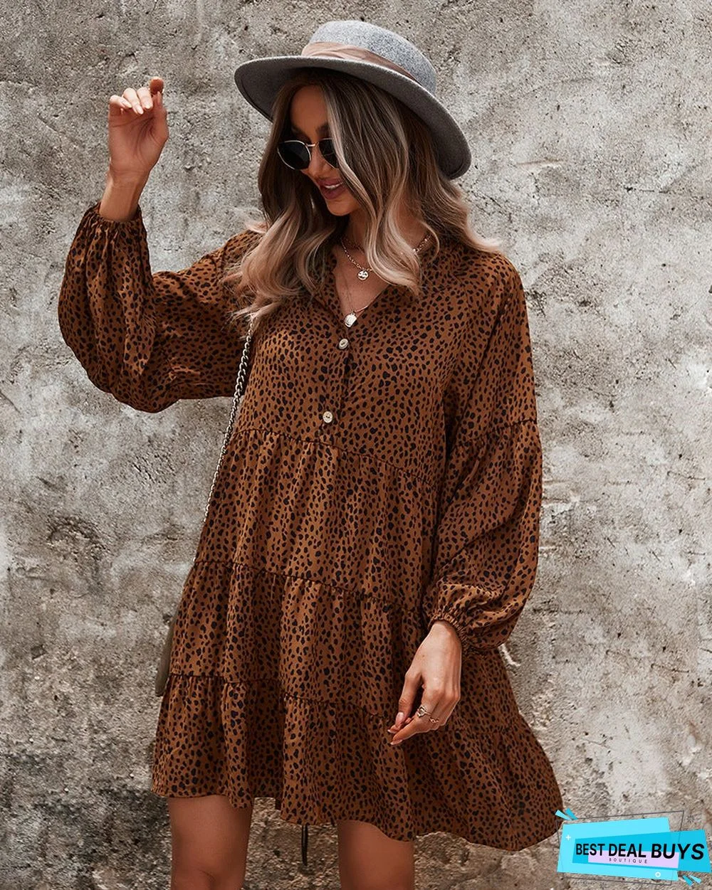 European and American Long Sleeve Fashion Women's Leopard Print Dress