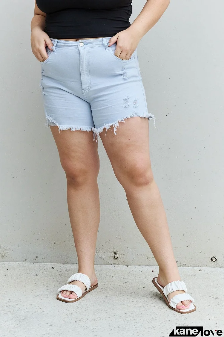 RISEN Katie Full Size High Waisted Distressed Shorts in Ice Blue