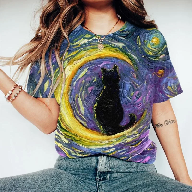 Van Gogh Starry Sky Moon Black Cat T-shirt