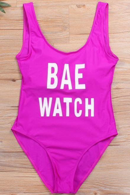 Fuchsia Shaping Letter Print Low Back Cute One Piece Swimsuit-elleschic