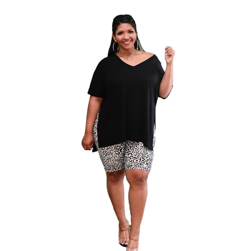 Plus Size Shorts Sets Two Piece Women Summer Loose Crop Top and Leopard Short Leggings Jogging Tracksuit Wholesale Dropshipping