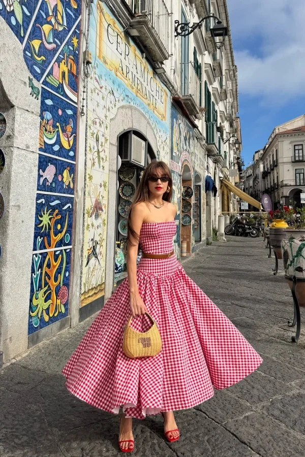 Stylish Straight Across Sleeveless Red And White Plaid Prom Dress With Belt YK0139