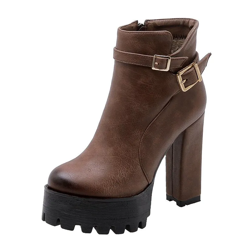 Gdgydh Spring Autumn Ladies Boots With Platform Super High Heel Ankls Boots Black Leather European Style Fashion Buckle Comfort