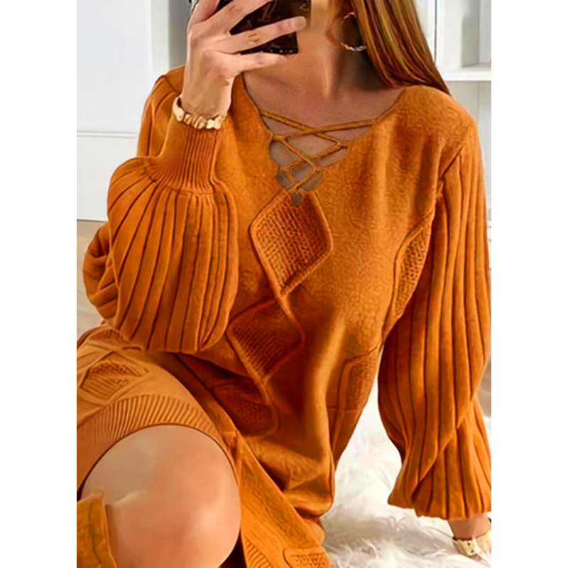 Solid V-Neck Cross Strap Puff Sleeve Knitted Dress