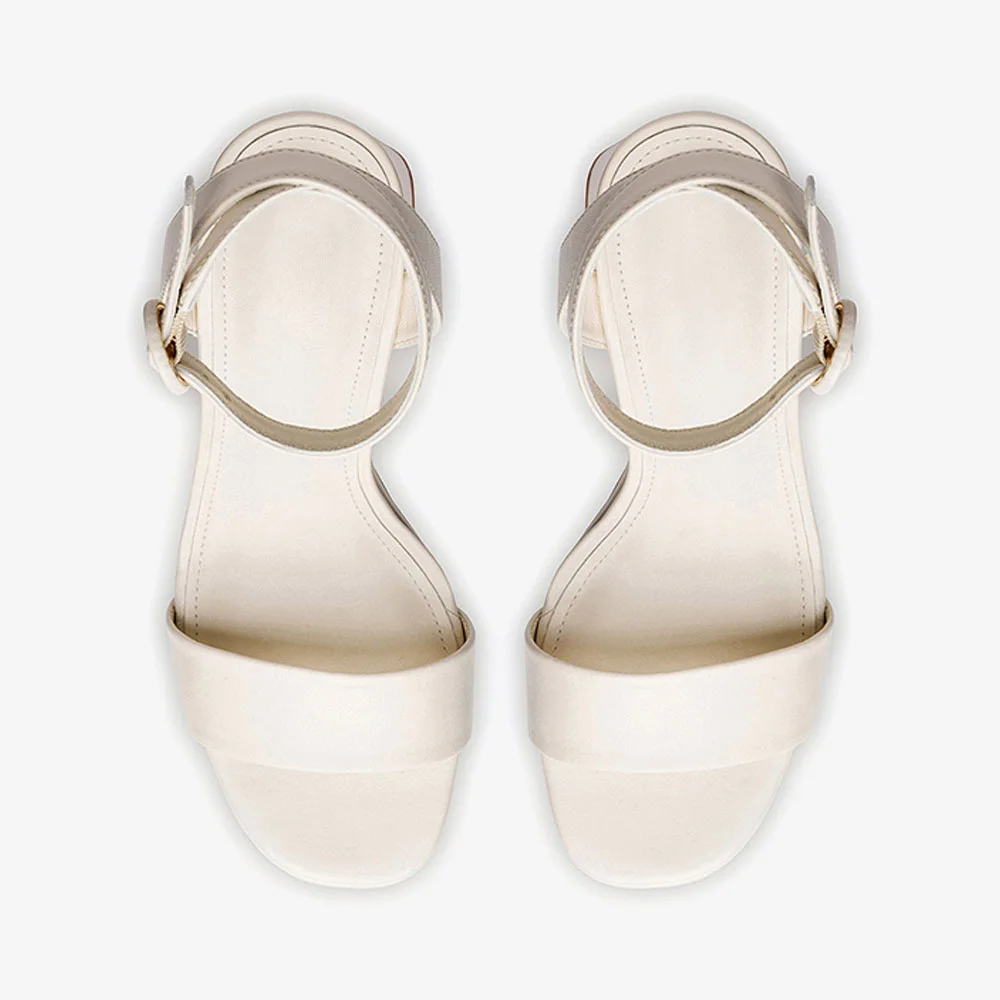 Ivory Vegan Leather Round Toe Ankle Strap Platform Heeled Sandals