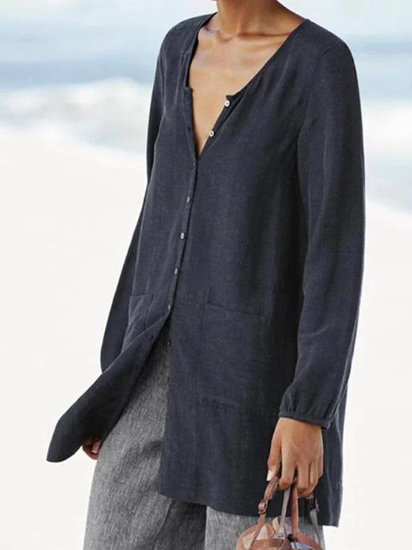 Ladies  comfortable patch pocket V-neck button shirt-Mayoulove