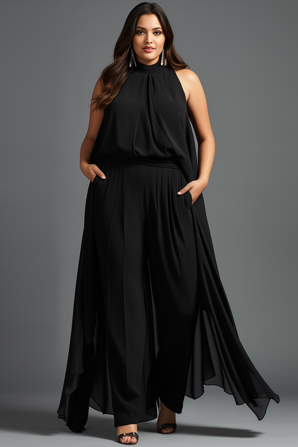 Flycurvy Plus Size Formal Black Chiffon Halter Two Piece Pant Suit