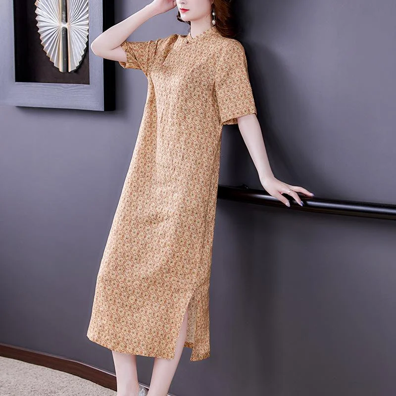 Women's new printed retro short-sleeved cheongsam linen long dress
