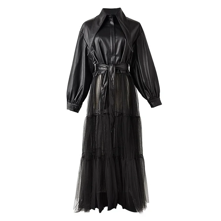 Modern Black Peter Pan Collar Lace-up Patchwork Tulle Pu Leather Long Sleeve Jacket  