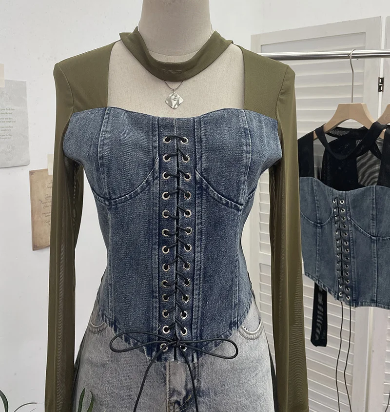 Nigikala Nigikala Hollow Hanging Neck Cowboy Splicing Mesh Strap With Irregular Long-Sleeved T-Shirt Short Top 88882