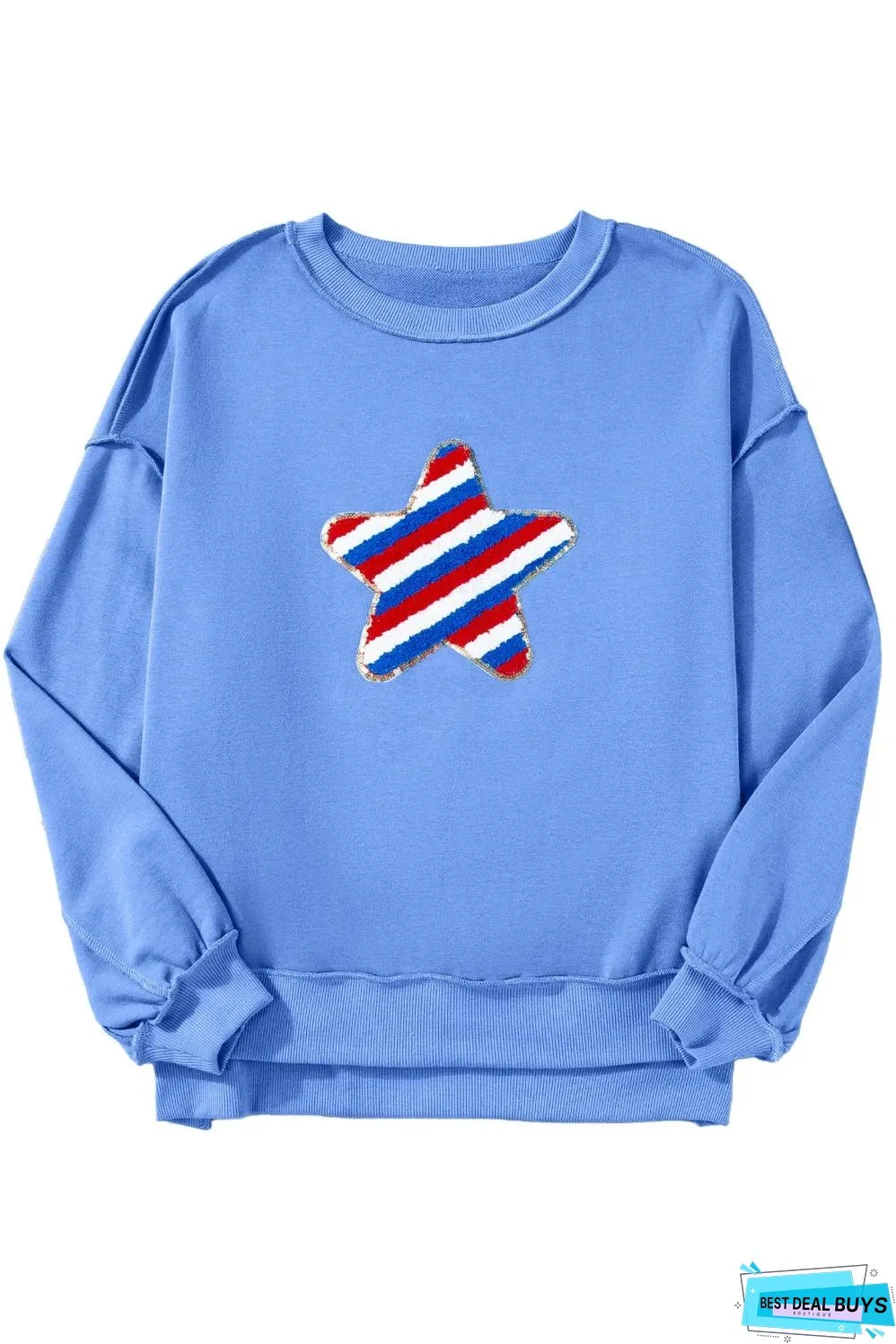 Sky Blue Sequin Trim Embroidered Star USA Pattern Sweatshirt