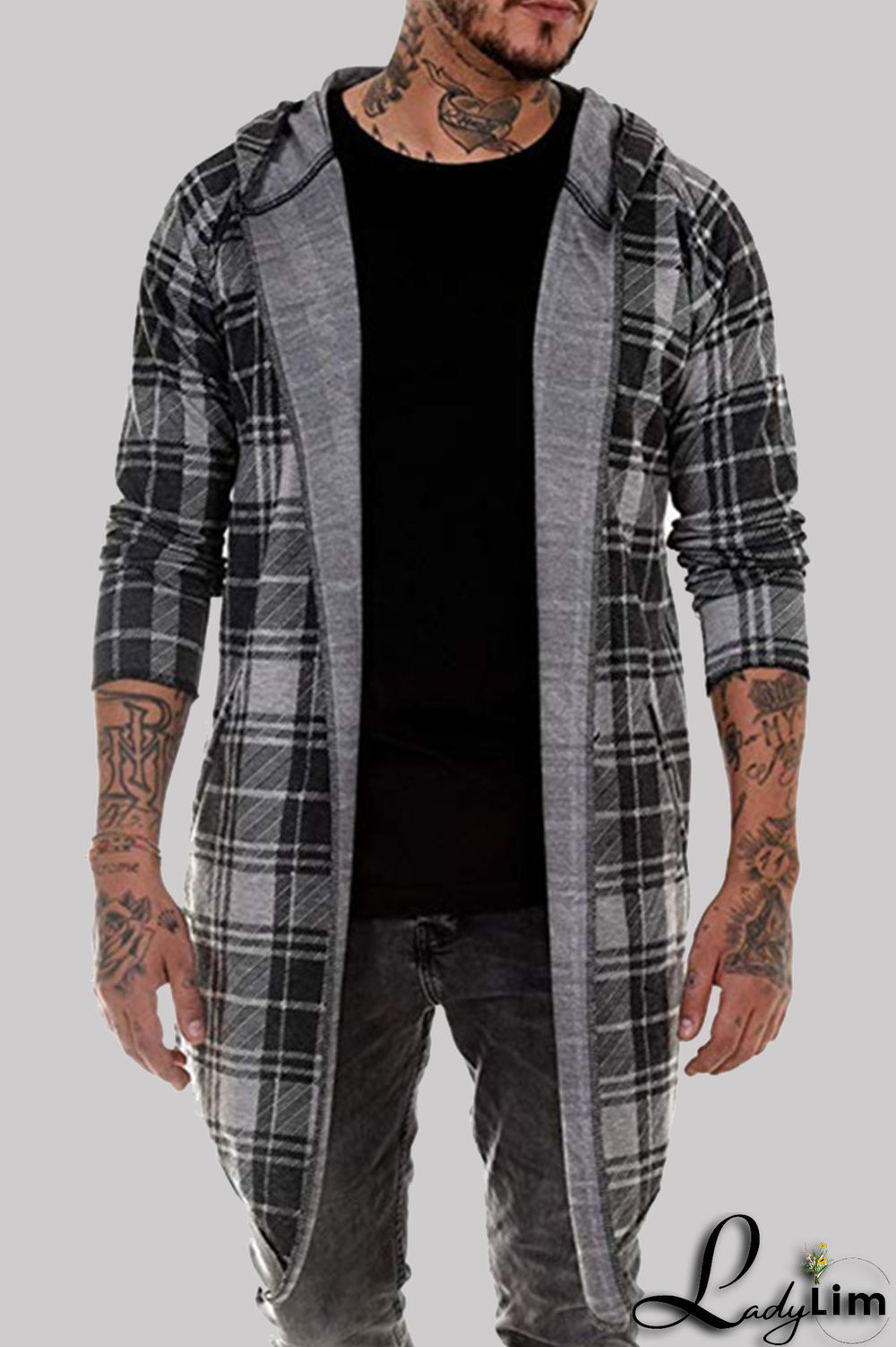 Dark Gray Fashion Casual Plaid Split Joint Hooded Collar Outerwear