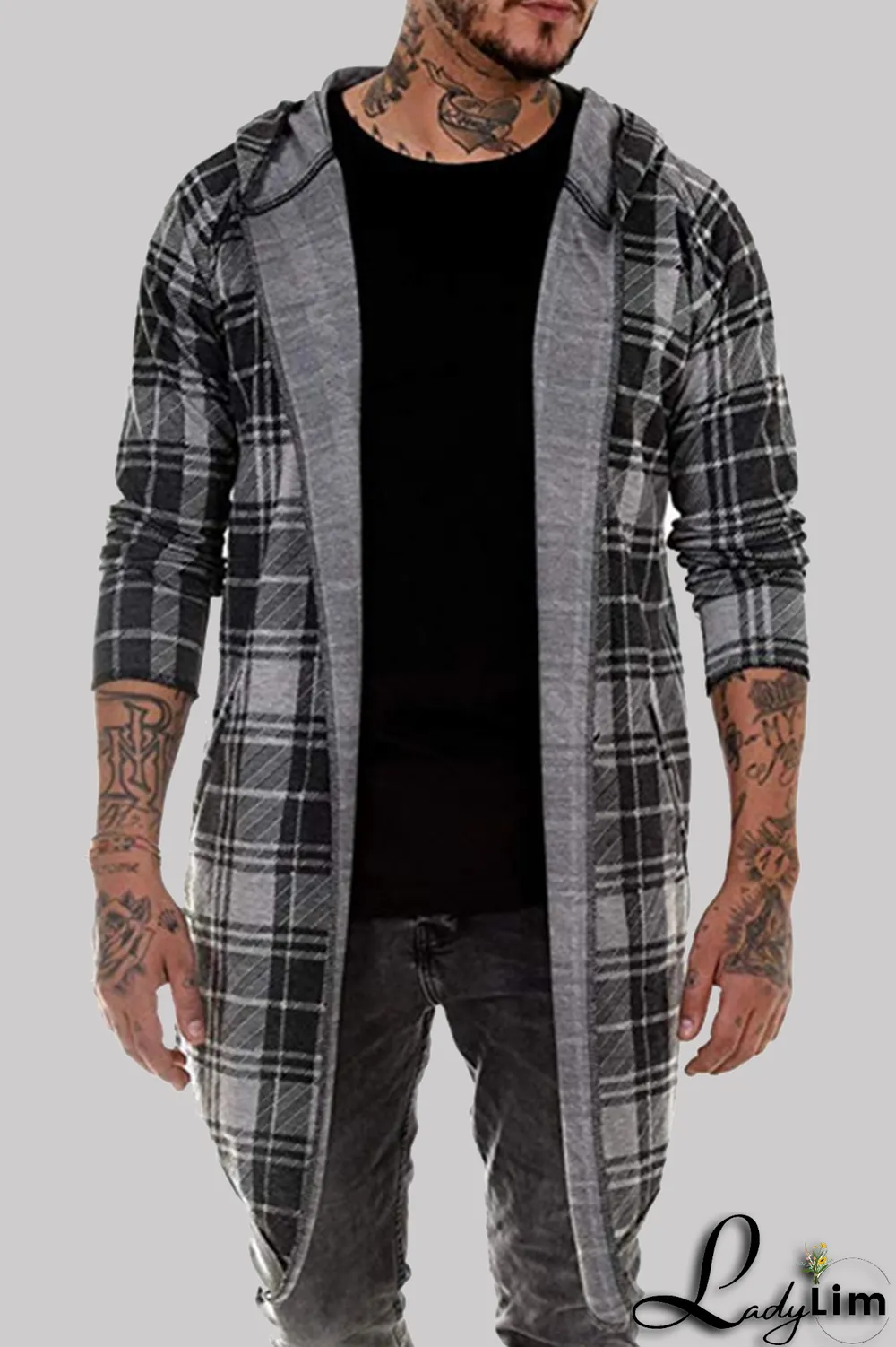 Dark Gray Fashion Casual Plaid Split Joint Hooded Collar Outerwear