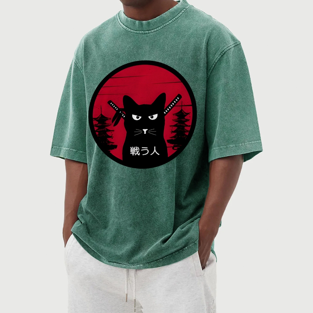 Ninja Cat Printed Washed Vintage Short Sleeves T-Shirt