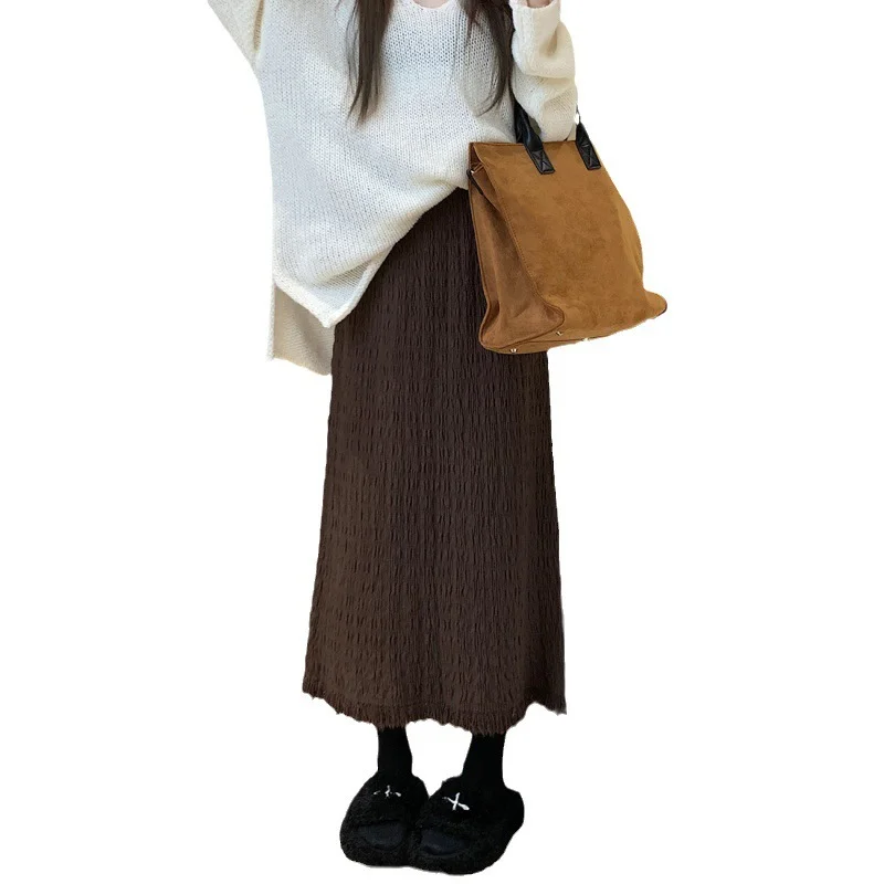 Toloer Toloer New Fashion Straight Tube Hem A Line Skirt Korean Pleated Pendant Feeling High Waist Versatile Knit Long Skirt-Outfit Ideas