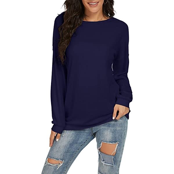 Women's Casual Long Sleeve Color Block Round Neck Loose Fit Blouses T Shirts