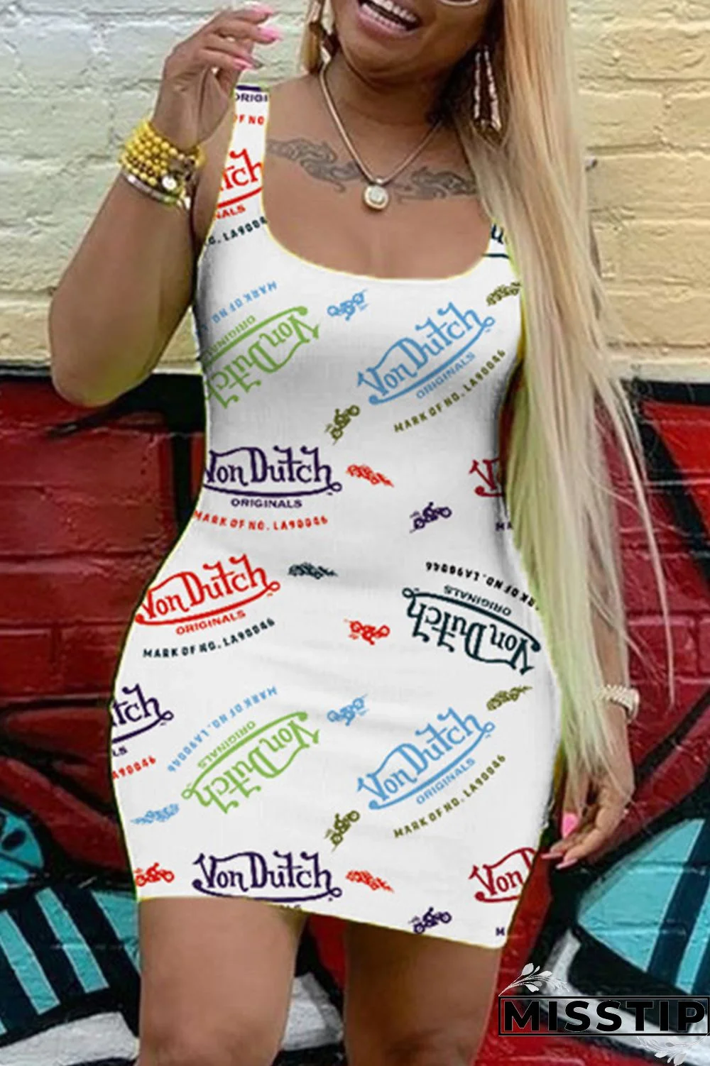 White Sexy Casual Letter Print Basic U Neck Vest Dress