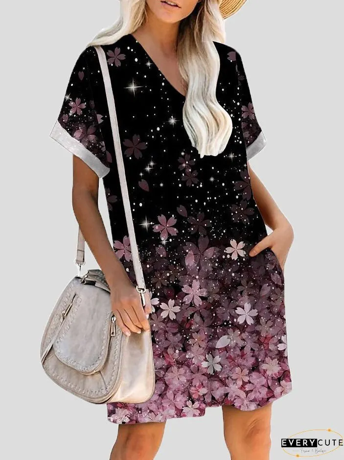 Dresses Printed V-Neck Pocket Short Sleeve Dress for Women