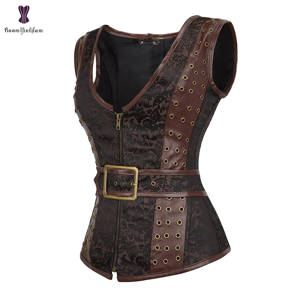 Zip Up Women's Waistcoat Vest Brown Steampunk Gothic Clothing Slimming Body Shaper Top Deep V Bustier Corset With Blets
