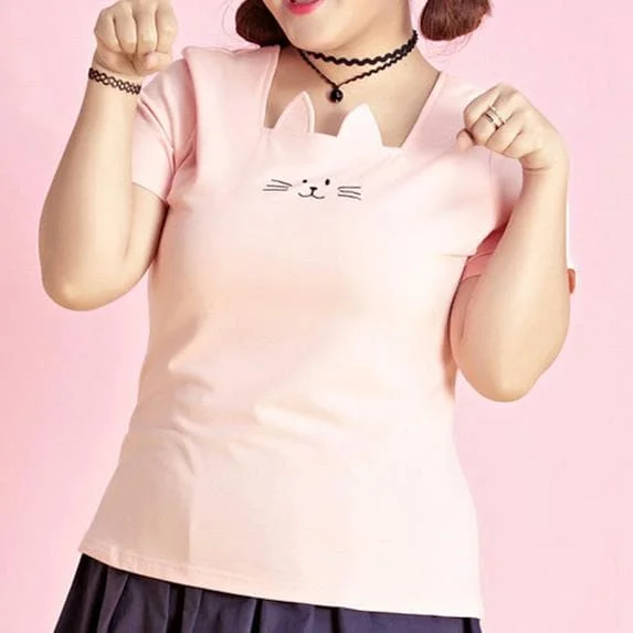 [Resevation] XL-4XL Pink/Black Kawaii Neko Cat Ears Embroidery Top SP166294