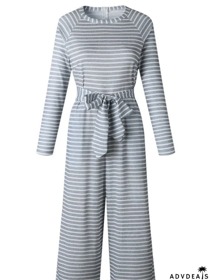 Women's Boho Striped Long Sleeve Round Neck Lace Up Rompers