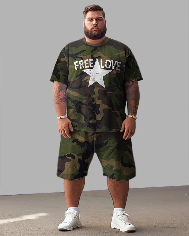 Men's Plus Size Camouflage Alphabet Print T-Shirt Shorts Suit