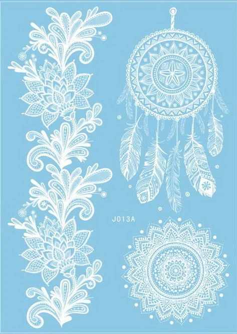 1sheet White Lace Henna Flash Tattoo Butterfly Feather Fake Temporary Tatoo Sticker Summer Style Body Art Beauty Jewelry J017