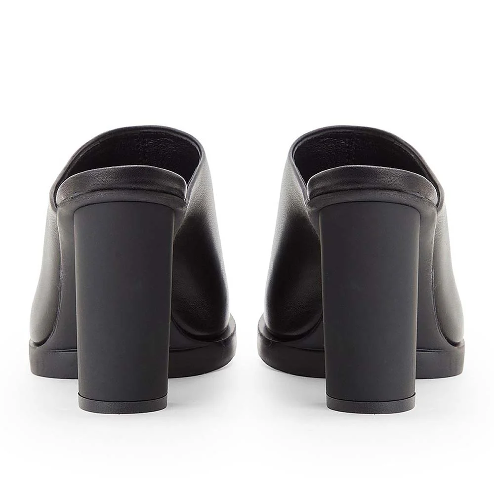 YDN Black Open Round Toe Chunky Heel Classic Mules Sandals