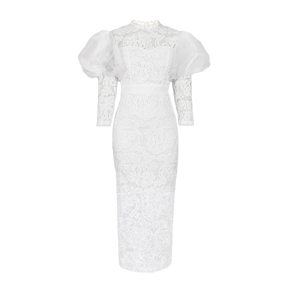 Uveng Round Neck Lace Basic Model Puff Sleeve Three-quarter Slim-fit Party Dress
