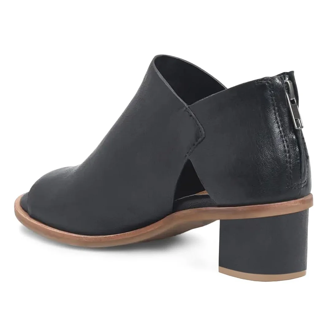Vegan Leather Cut-Out Inlay Back-Zip Block Heel Ankle Boots in Black